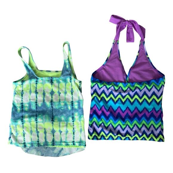 Justice Swim Tops (2) Tankini Ruffle Tie Dye Geometric Neck Tie Girls Size 8 - Picture 2 of 8